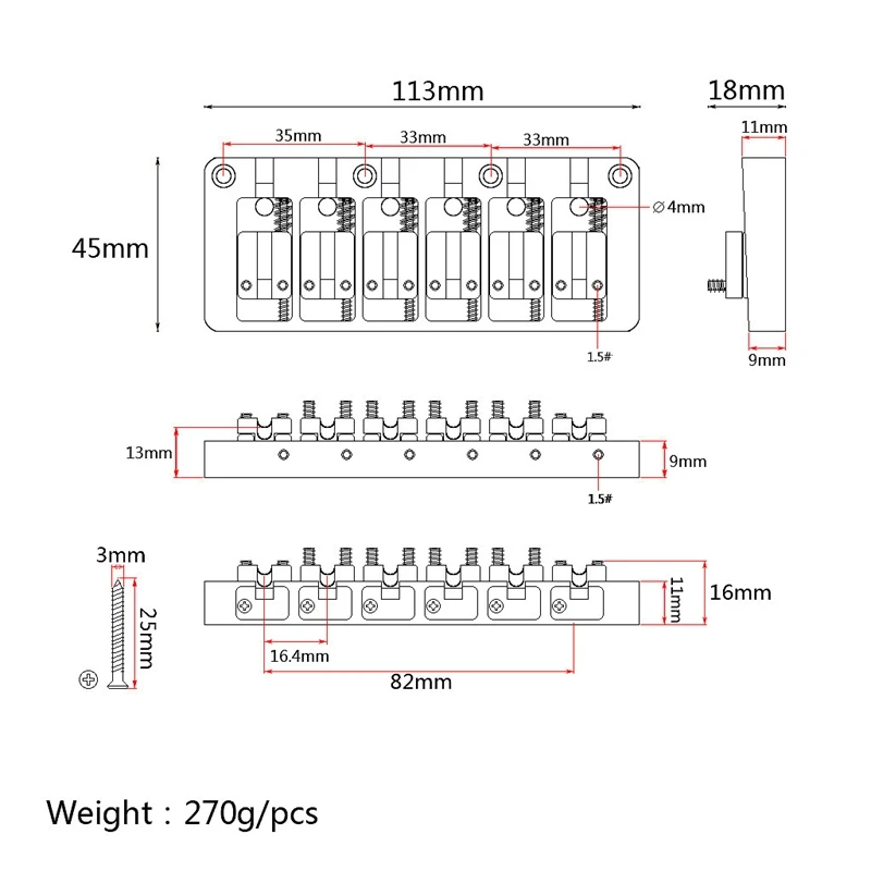 6 String Bass Bridge Bass String Bridge Fixed Hardtail Bridge Adjustable Saddle Chrome Stringed Instrument Accessories