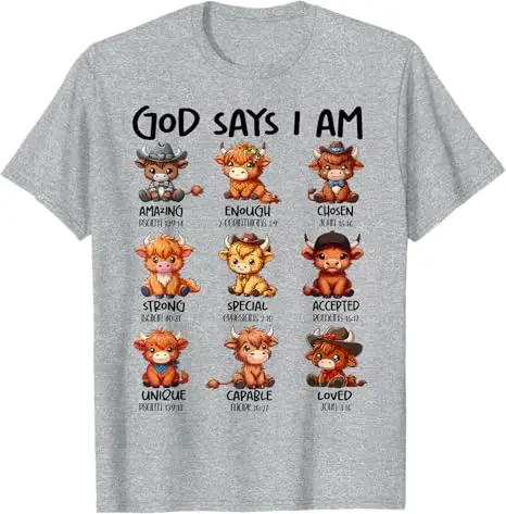 Schottisches Kuh-T-Shirt: Gott sagt, ich bin eine Highland-Kuh – Christliches religiöses Kleinkuh-T-Shirt, Y2K Glaube Jesus Bibelvers Tee Bekleidung – Detail 8