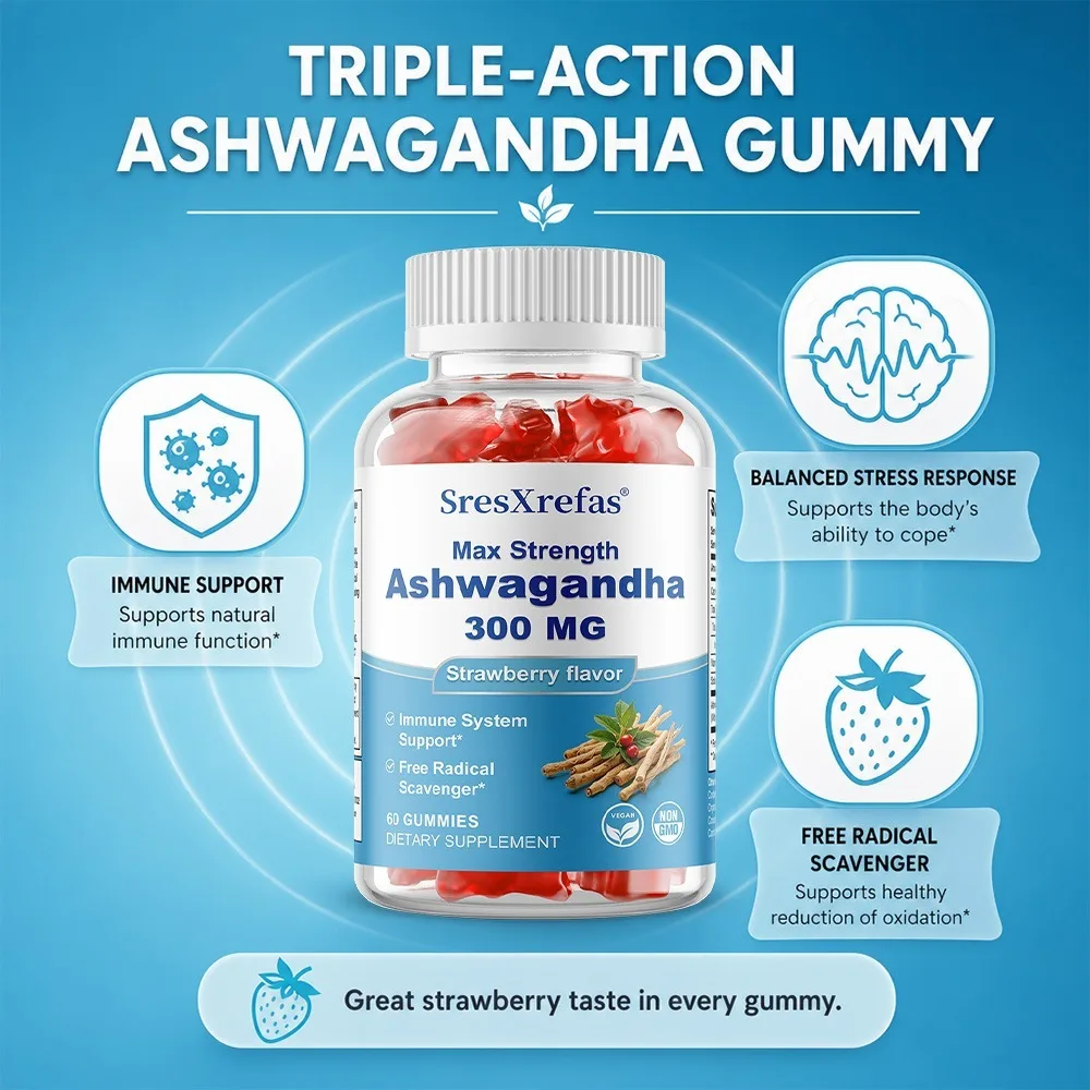 Ashwagandha Gummies for Women & Men, Tress and Anxiety Relief, Mood Balance, Relaxation and Calmness, Immune System Health