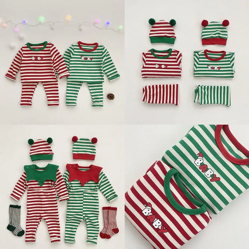 MILANCEL Christmas Baby Clothing Set Striped Blouse Bib Hats  And Pants Toddler Suits