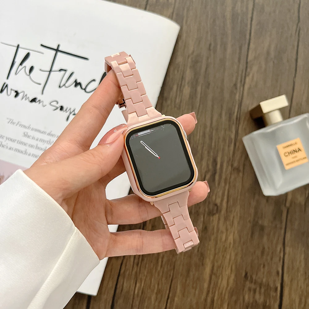Resin Strap + Case for Apple Watch 45mm 41mm 44mm 42mm 40mm 38mm Women Bracelet Wristband for iWatch Series 8 7 6 5 4 3 SE Cover