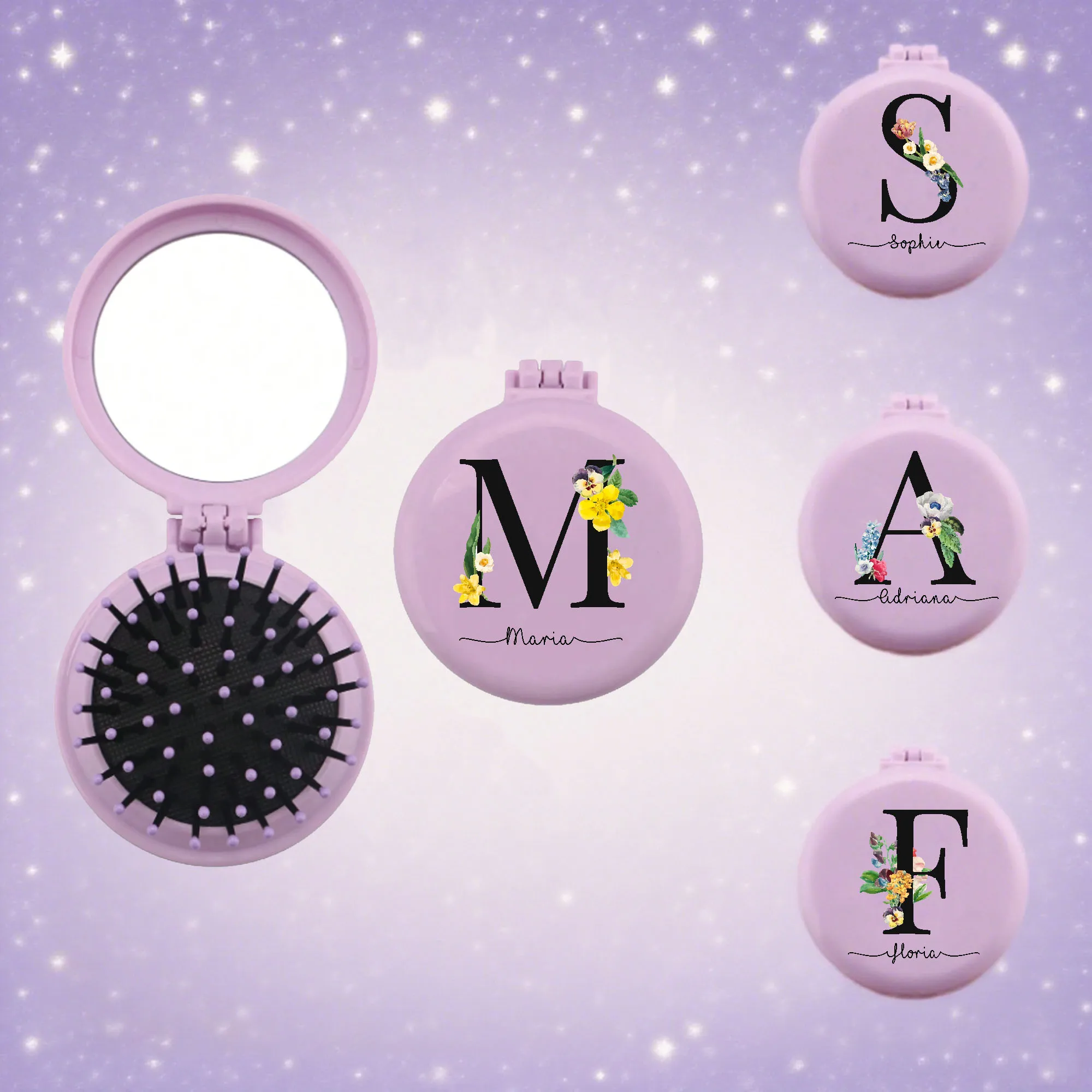 Personalisieren Sie den 26 Buchstaben-Hochzeits-Exklusiv-Blumen-Minikamm mit Spiegel, praktischer Mini-Luftkissenkamm für Mädchen, zusammenklappbarer Airbag-Kamm