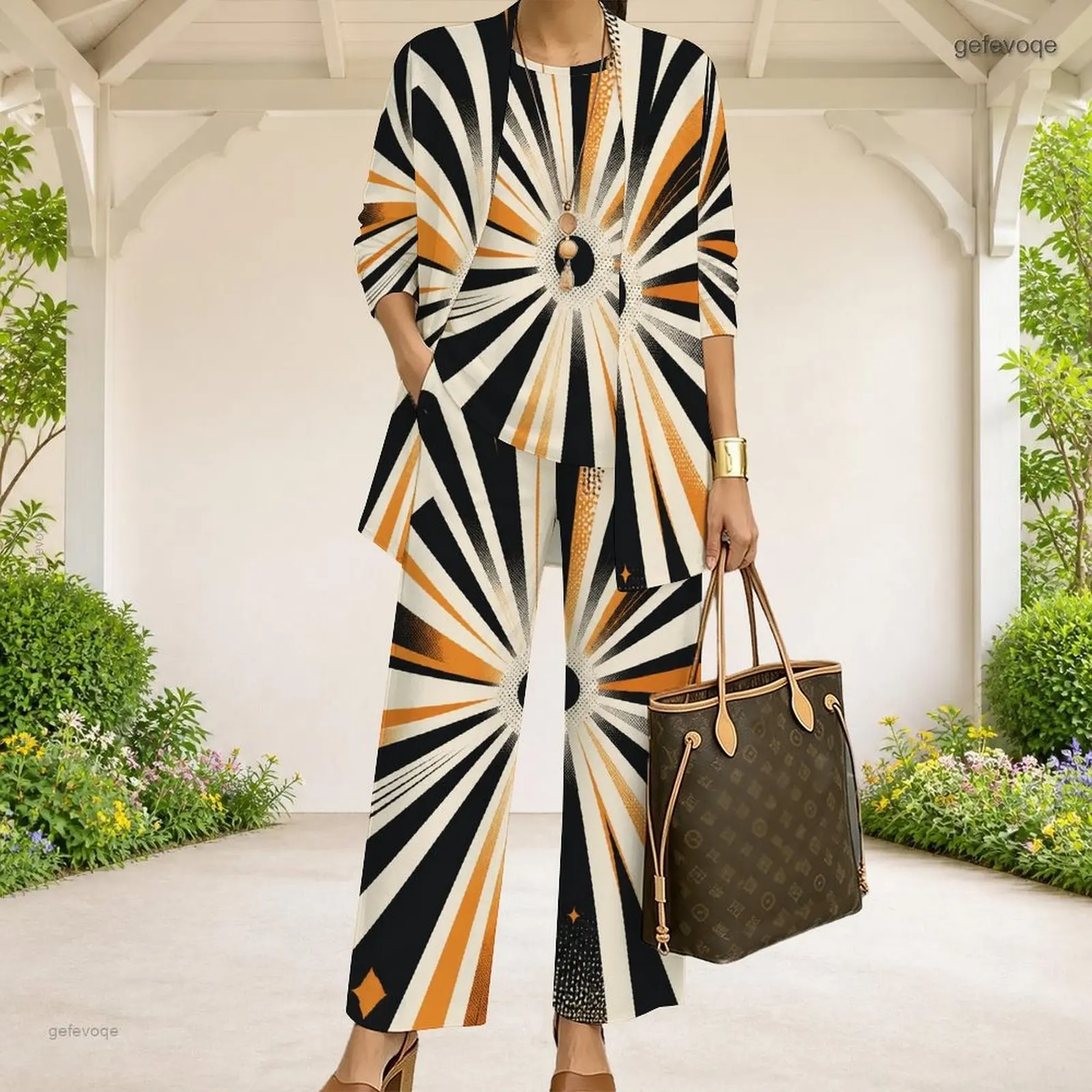 Women Women Radial Geometric Printed 3 Piece Pants Set 3/4 Sleeve Cardigan Sleeveless Top Long Pants Black White Orange - Aliexpress Deal