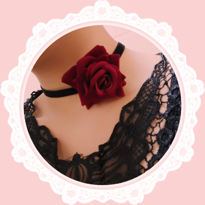 lolita Gothic Retro European style red Rose Choker Necklace Halloween Cosplay Necklace women Choker Anime cosplay Accessories
