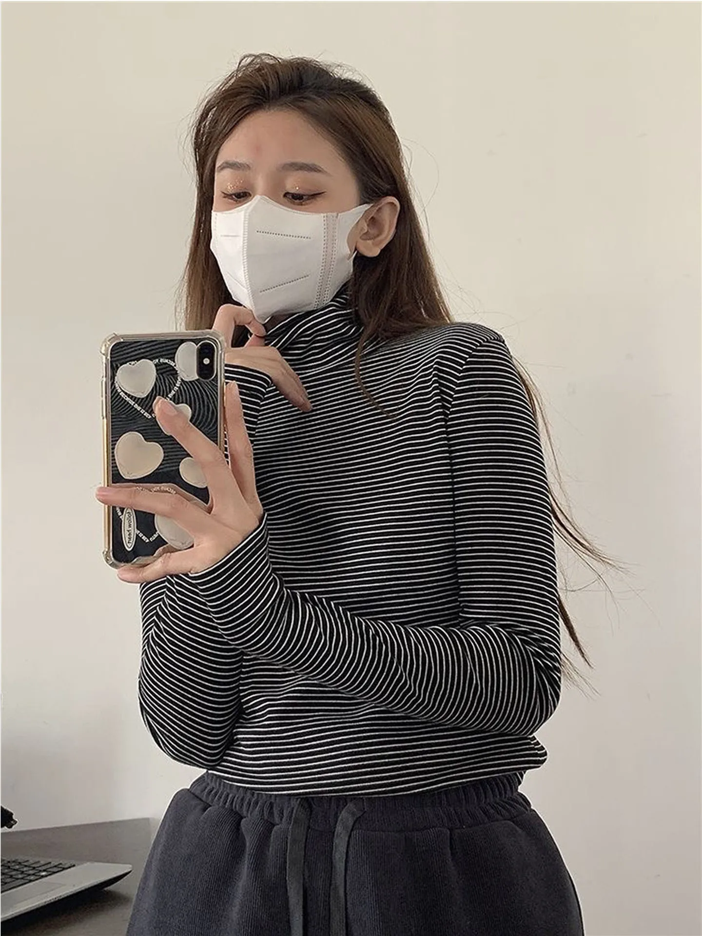 

Женская приталенная футболка с длинным рукавом и высоким воротником в американском ретро-стиле для студентов, осень-зима