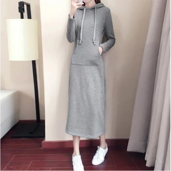 Medium and Long Hooded Sweater 2023 Women's Spring New Large Long Sleeve Slim Fit Waist Pullover Bottomed Dress