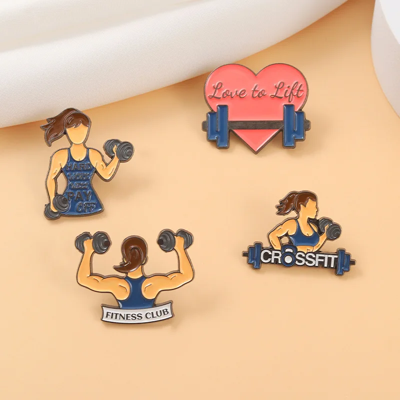 Sports Fitness Enamel Pins Custom Girls Barbell Vest Line Fitness Club Brooch Lapel Shirt Bag Badge Jewelry Gift for Friend