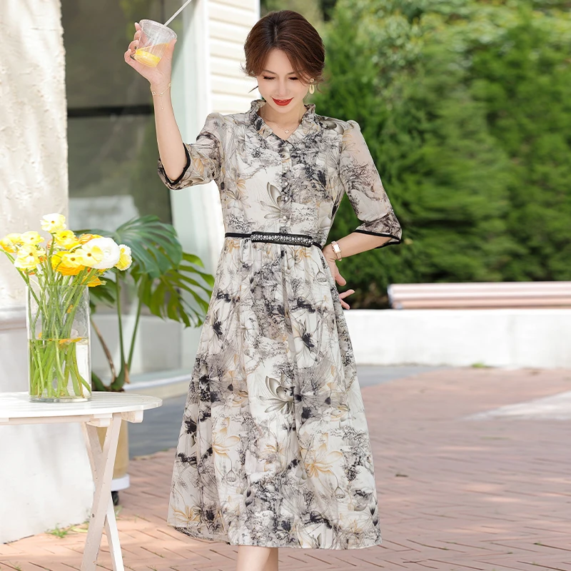 

Ele Midlife Mom Summer Dr Faionable Chiffon ort Sve Gown for Women over 40 V-Ne Midi Skirt Polyester Fiber