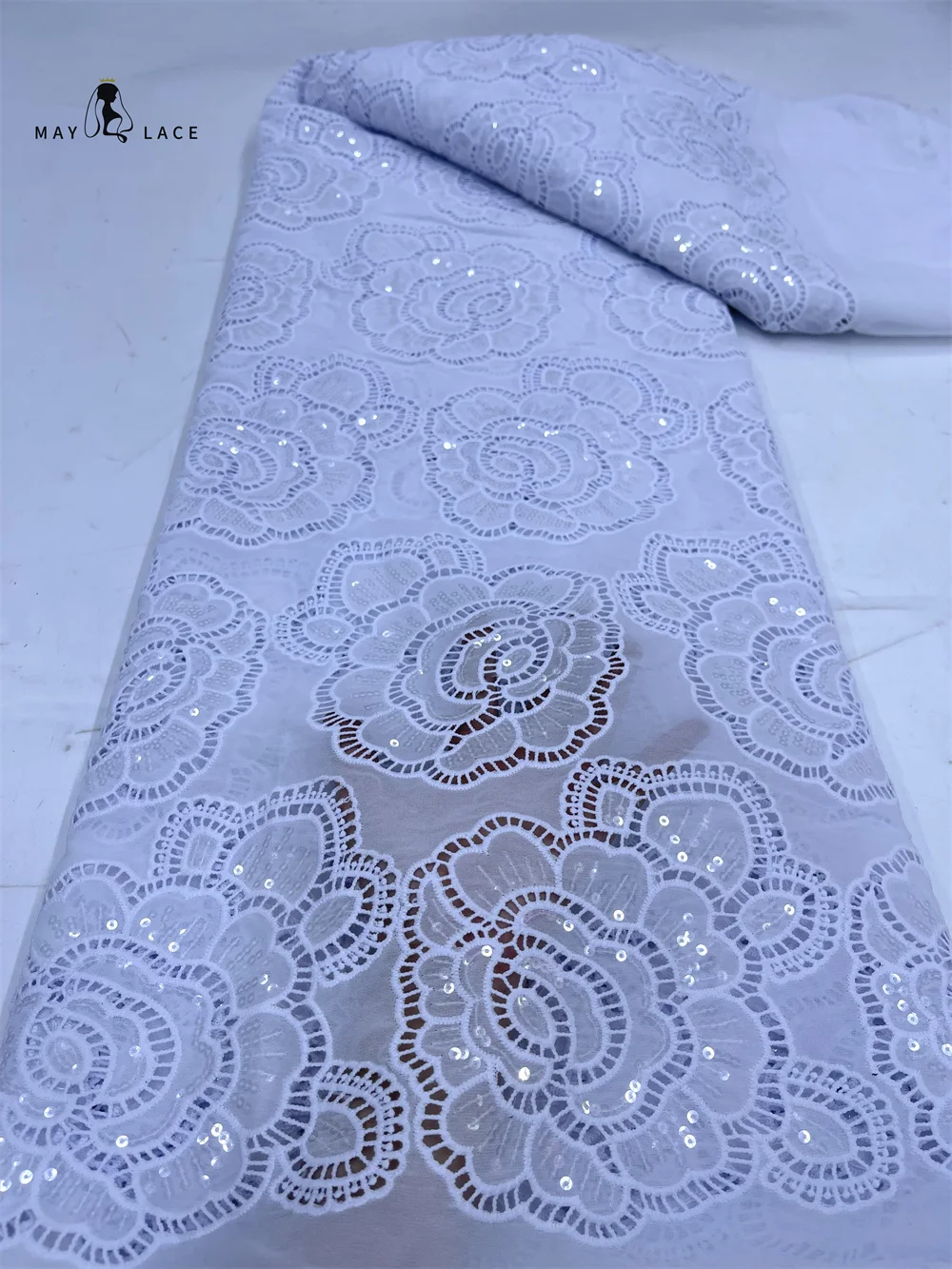 

Whte African Chiffon Lace Fabric 2024 High Quality Lace French Lace Fabric with Sequins for Sewing Women Wedding Party Dresses