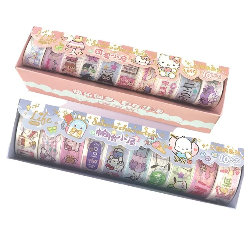 10 Rolls of Sanrio Kuromi Melody Hello Kitty Cartoon Tape Stickers Children\'s Creative DIY Handbook Tape