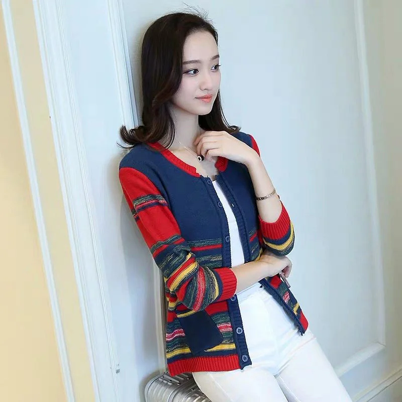 Spring Autumn Women New Korean Edition leisure Contrast Top Female Loose Ethnic Stripe Contrast Knitted Cardigan Sweater Coat