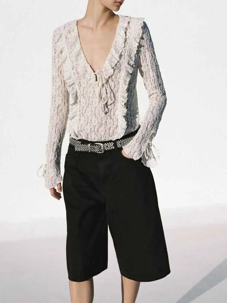 

Новый женский модный универсальный темпераментный милый романтический кружевной многослойный декоративный топ с длинными рукавами и рюшами в европейском стиле