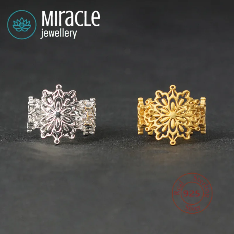Miracle Sterling Silver 925 Original Design Snow Crown Beautiful Lace Snowflake Hollow Open Ring Artistic Retro Romantic Design