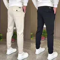 Trend Fashion Men Pants Spring Autum Solid Elastic Waist Pockets Young Style Business Casual Slim Straight Bound Feet Trousers