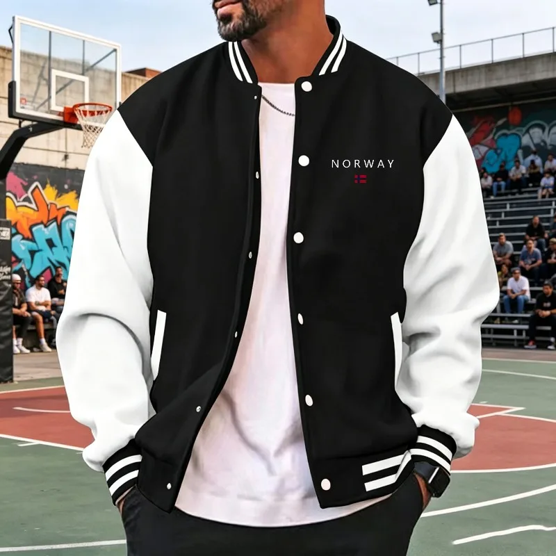 Men Wine Red White Color Block Varsity Jacket Striped Rib Collar Button Down NORWAY Letter Flag Print Loose Fit Baseball