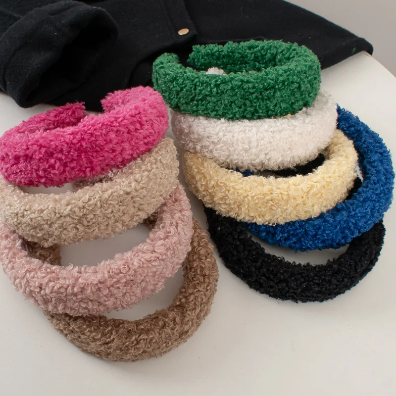 Fashion Warm Lamb Wool Hairbands 4cm Wide Solid Color Headband Women Plain Fluffy Hair Hoop Korean Style Winter Hair Accessories