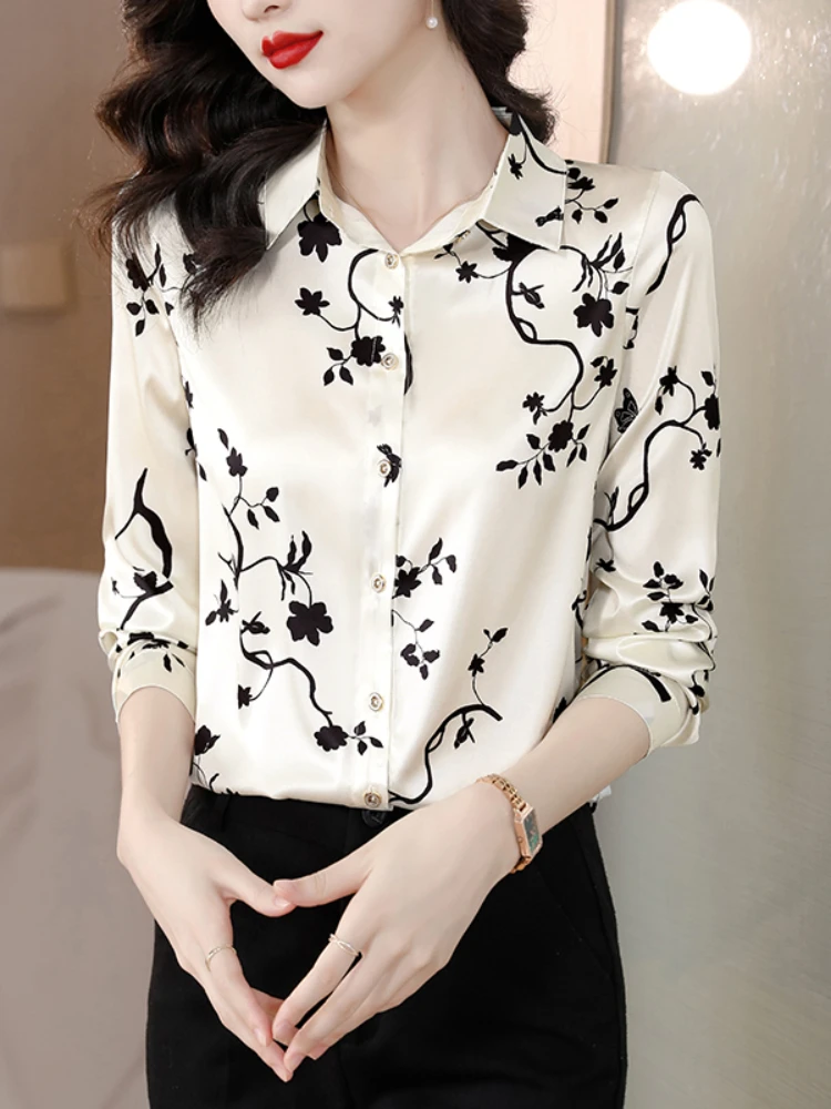 Women's Elegant Blouses 2023 Fashion Satin Women Shirt Printing Women Tops Basic Long Sleeve Blouse OL New Flower Women Clothing