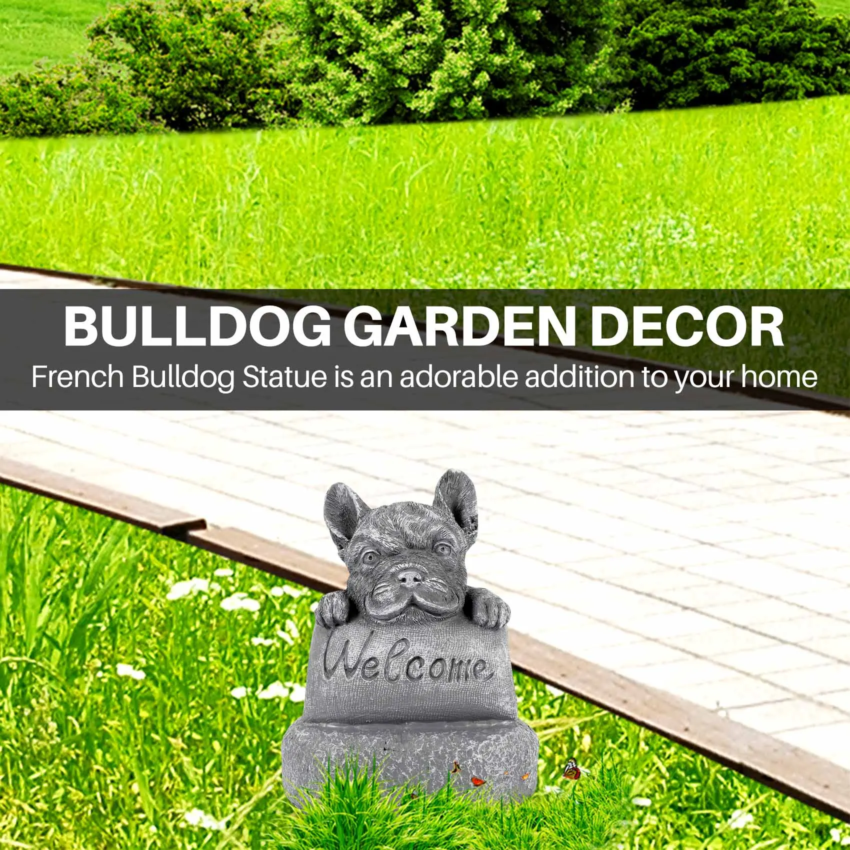 French-Bulldog Welcome on a Plinth Home or Garden Accessories Yard Garden Decor Outdoor Decoration