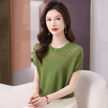 Women's Hollow Crocheted Short-Sleeve Knit Top 6 Hollow Crocheted Short-sleeved T-shirt Women's Summer 2026 New Western Ice Silk Sweater Loose Slim Knitwear Ladies Pullover Top 6
