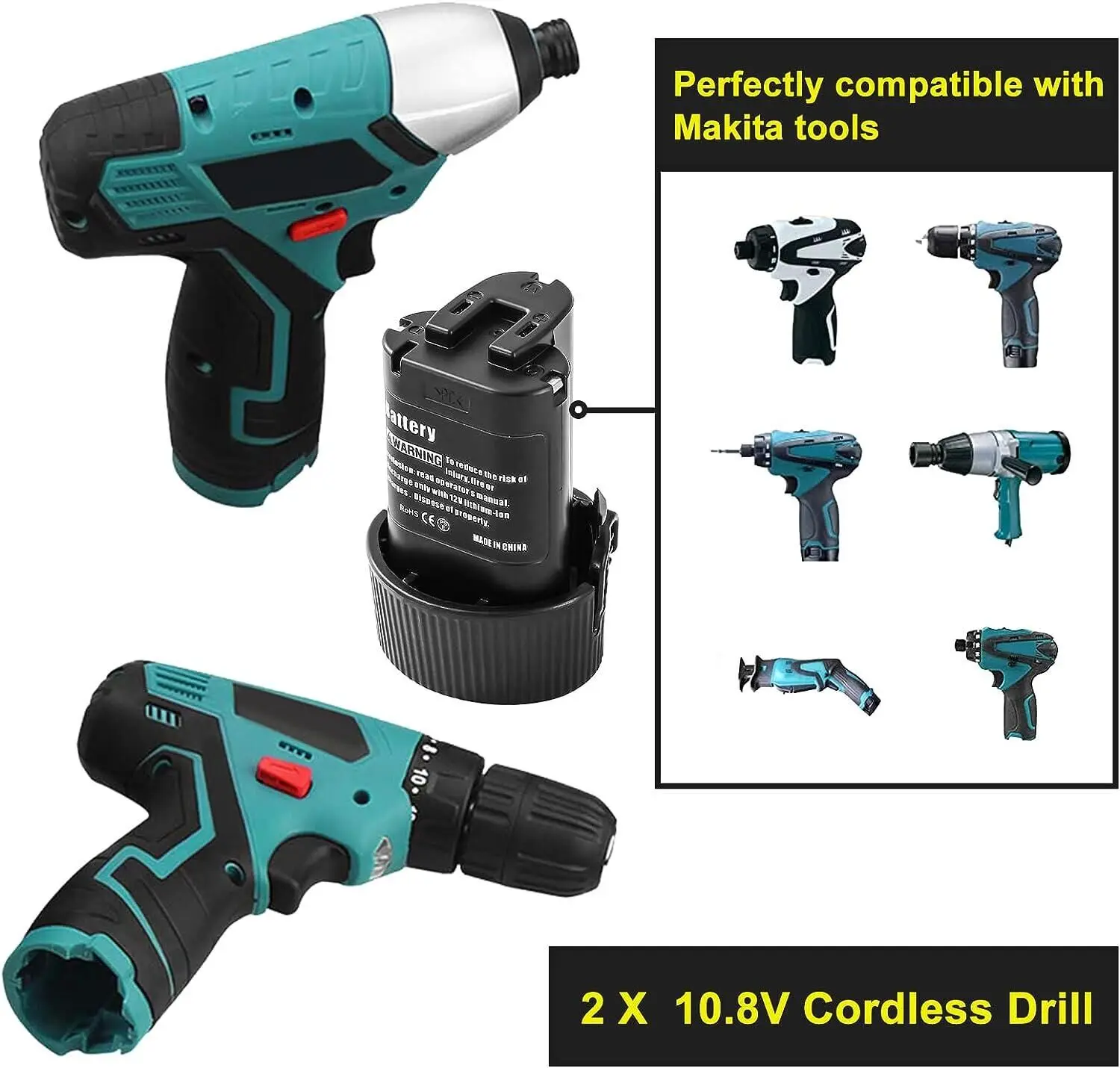 Pencil Drill Driver Tools and 1 X BL1013 Battery Replacement  10.8V 2.0Ah BL1014 DF030D DF330D TD090D with Cordless Power