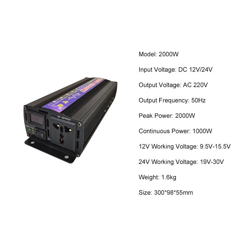 2000W Pure Sine Wave Inverter DC 12V 24V To AC 220V 50Hz 60Hz Continuous Power 1000W Solar Energy Converters Voltage Transformer