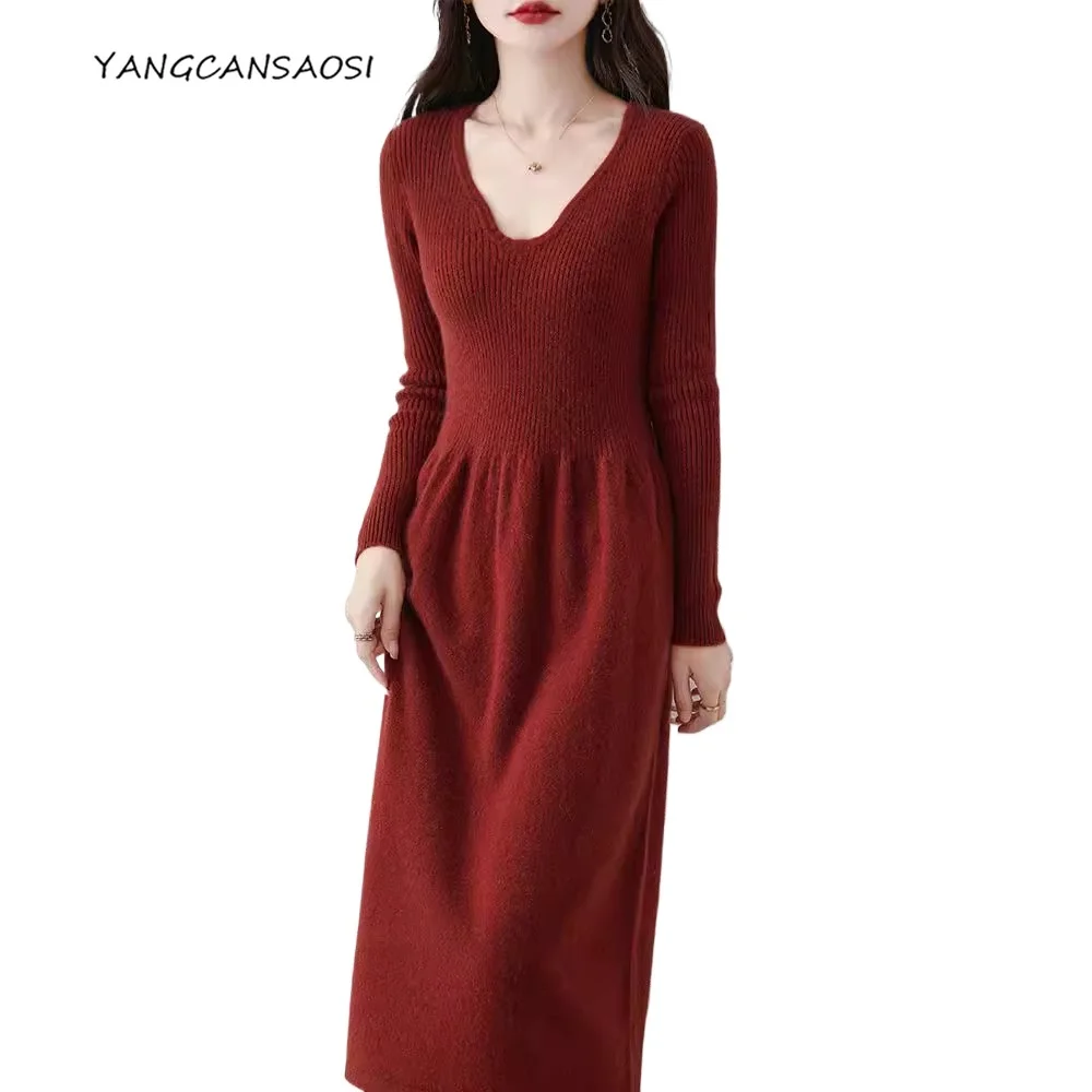 

2025 Women's Fashion Autumn/Winter New 100% Wool V-neck Long Sleeve Over Knee Knitted Keep Warm Solid Color A-line Dress
