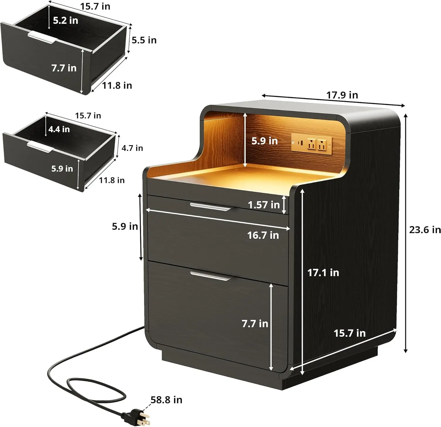 منضدة LIKIMIO مع قاعدة شحن وأضواء LED، حامل ليلي مع رف قابل للسحب، طاولة بجانب السرير لغرفة النوم، أسود #3
