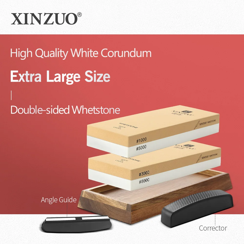 XINZUO Double Sided Whetstone Selected High Quality White Corundum Good For Sharpening Knives Wooden Base Angle Guide Corrector