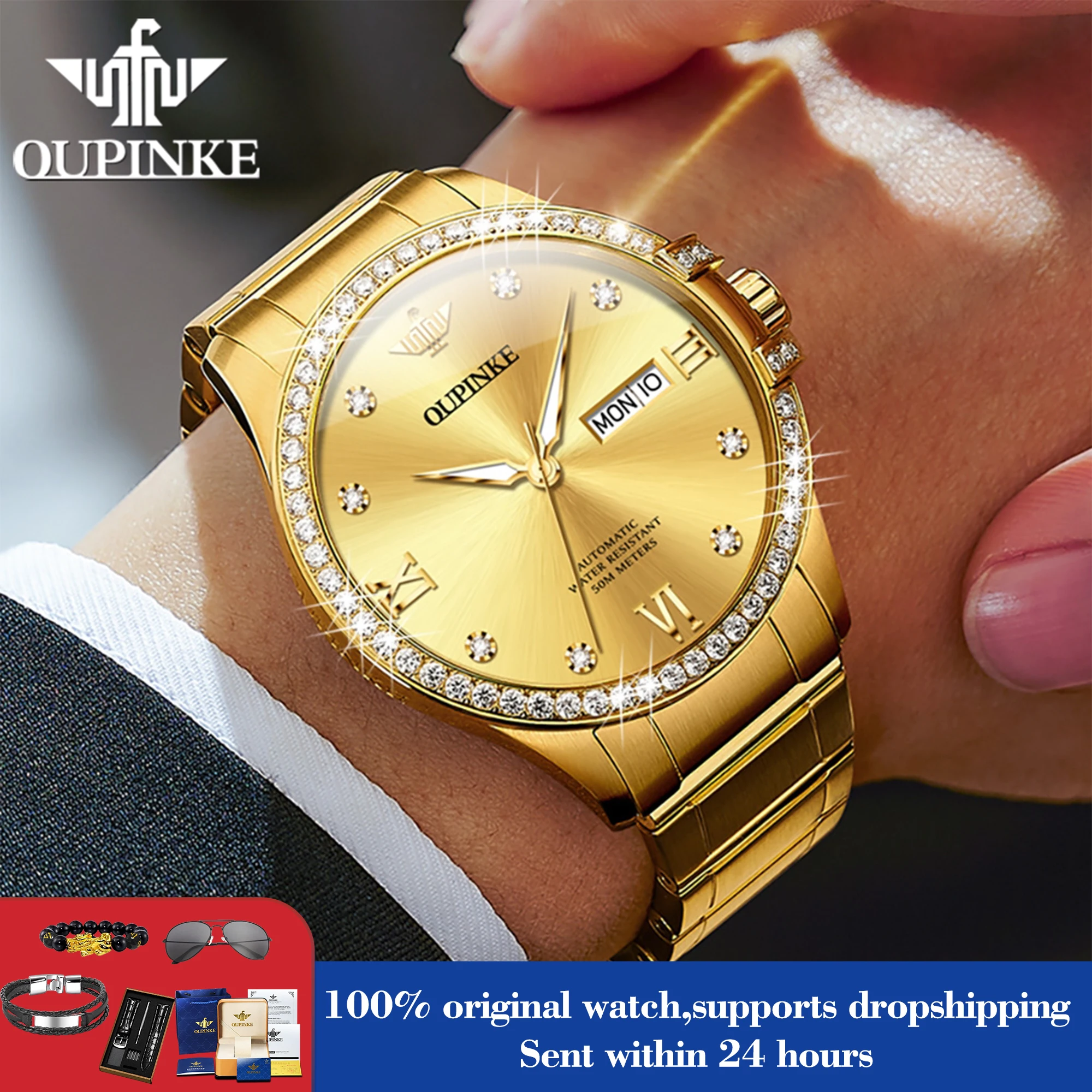 

OUPINKE 3195 Watch For Men Luxury Dual Calendar Automatic Mechanical Hand Clock Original Fashion Waterproof Luminous Man Watches