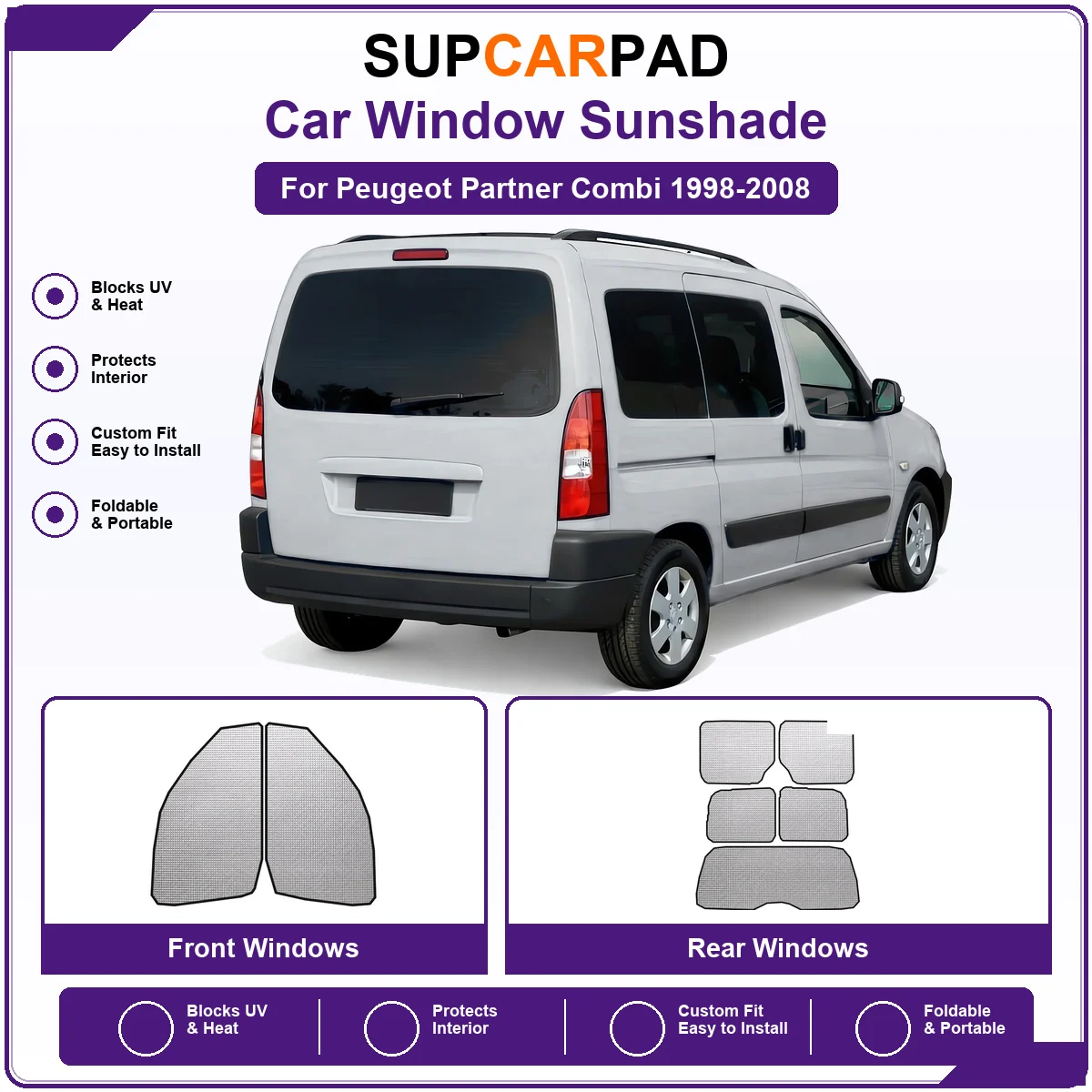 For Peugeot Partner Combi 1998-2008 Pre‑Cut Auto Window Sunshade Anti‑UV Car Sun Visor Protector