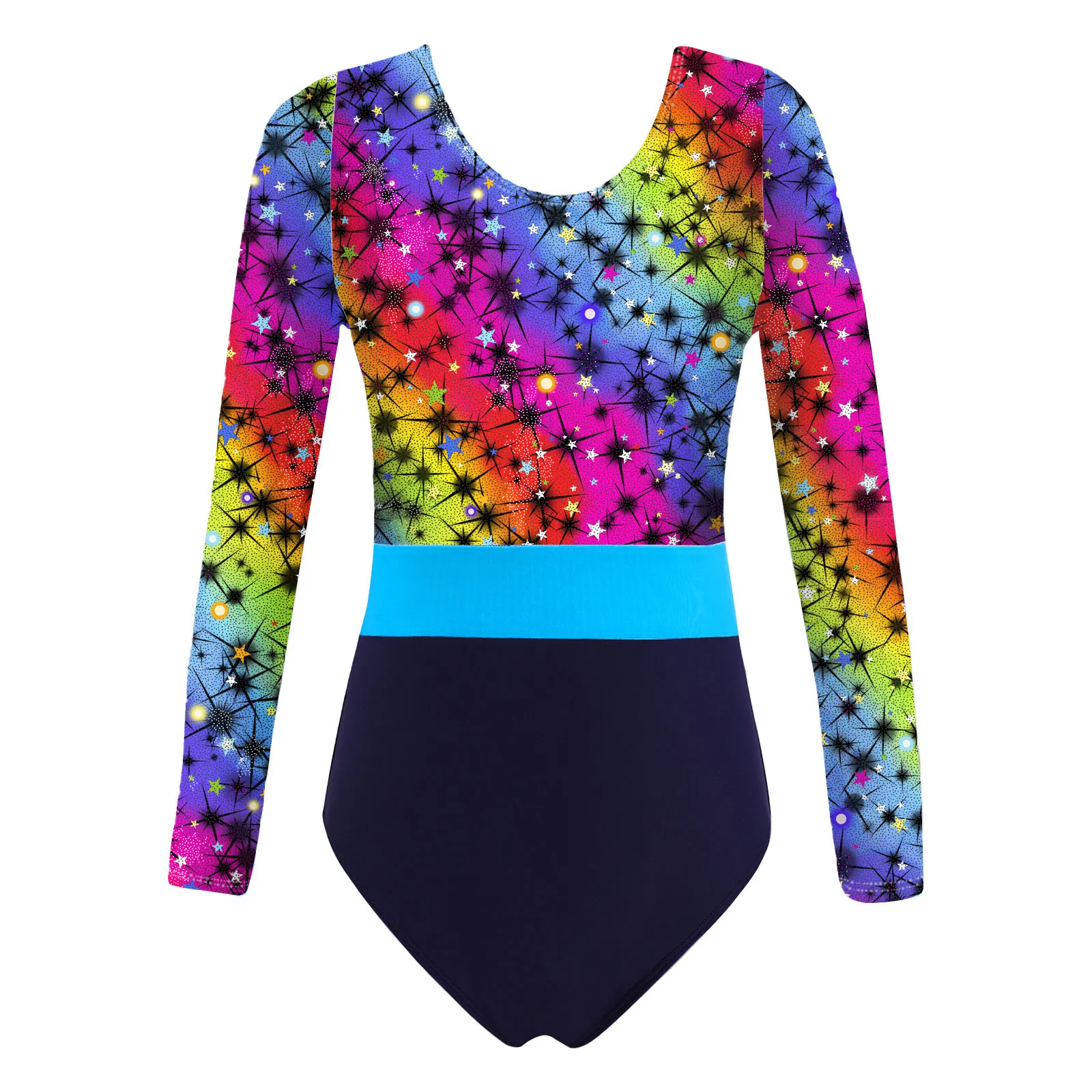 Toddler Girls Gymnastics Swimwear Swimsuit for Dancing Colorful Print Ballet Leotards Round Neck Long Sleeves Bodysuit Jumpsuit