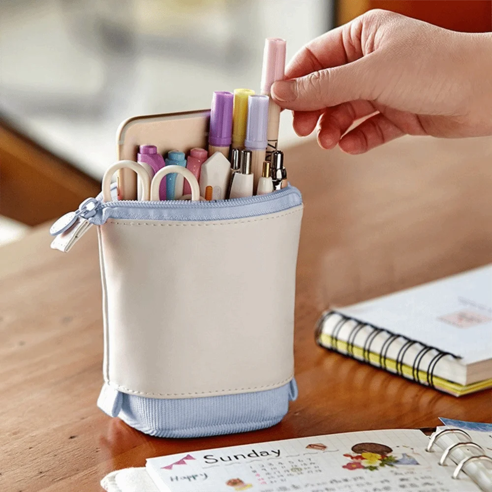 PU Corduroy Telescopic Pencil Pouch Adjustable Height Zipper Closure Vertical Stationery Bag Pink Purple Green Blue Yellow