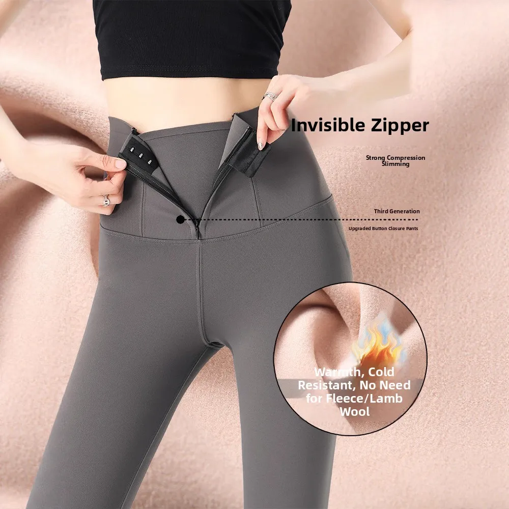 Cintura alta thiened fce forrado zíper arcaskin calças de yoga feminino inverno outerwear quente emagrecimento base camada calças