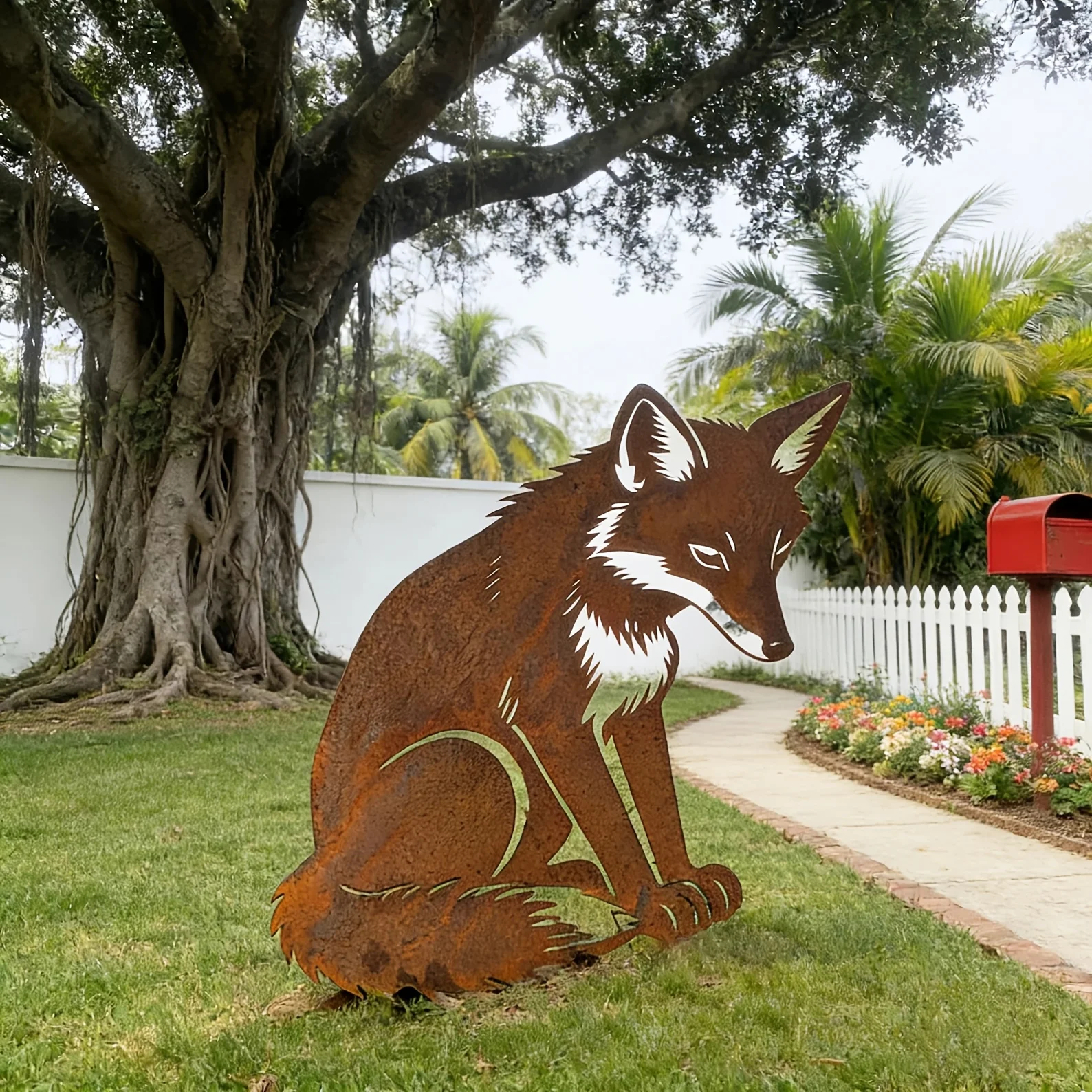 1pc Rusty Meditative Fox Garden Decorative Ground Insert, Vintage Metal Rust Color Fox Statue Decoration, Rustic Yard