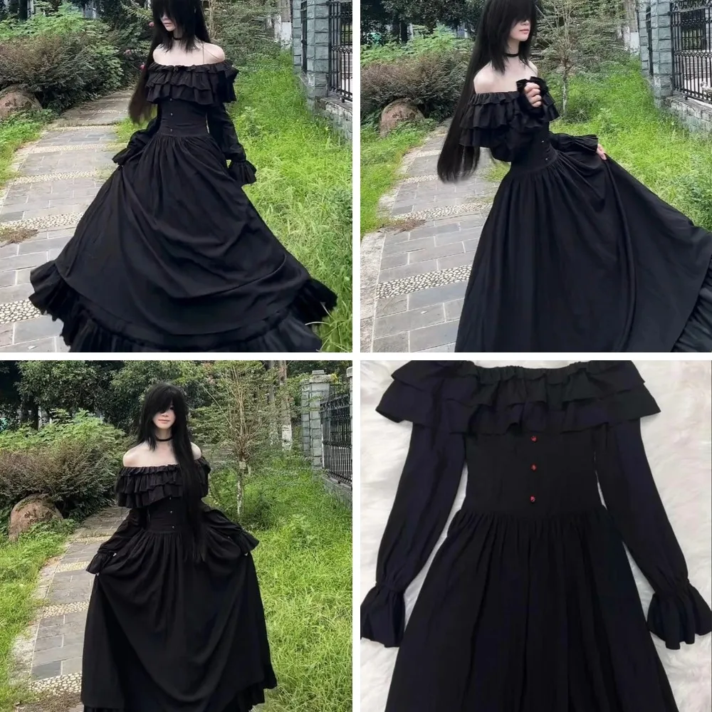 

Vintage Gothic Black Off-Shoulder Long Dress for Women, Elegant Ruffled Evening Party Dress, Retro Y2K Slim Fit