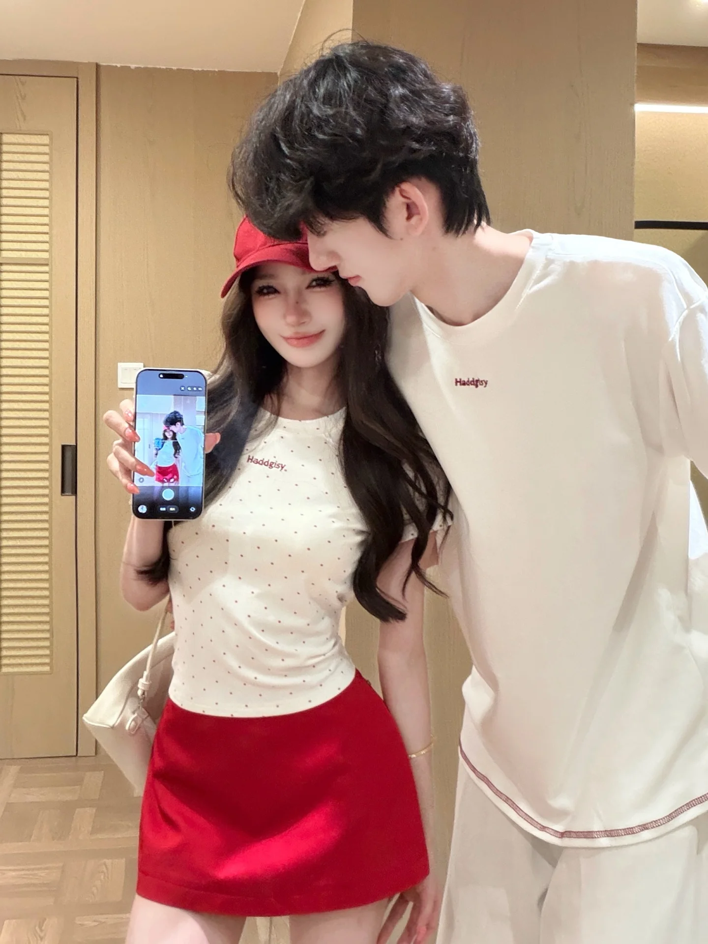 

Korean Style Couple Matching Summer Short Sleeve Polka Dot T-Shirt And Short Skirt Casual Slimming Outfit Standard Fit Cotton