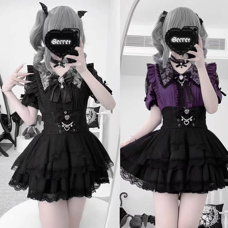 Blusa de Encaje con Volantes Estilo Gótico Lolita para Mujer + Falda de Tul Negra con Lazo de Corazón, 2 Piezas, Estilo Harajuku, Egirl, Dark Academia, Disfraz de Cosplay