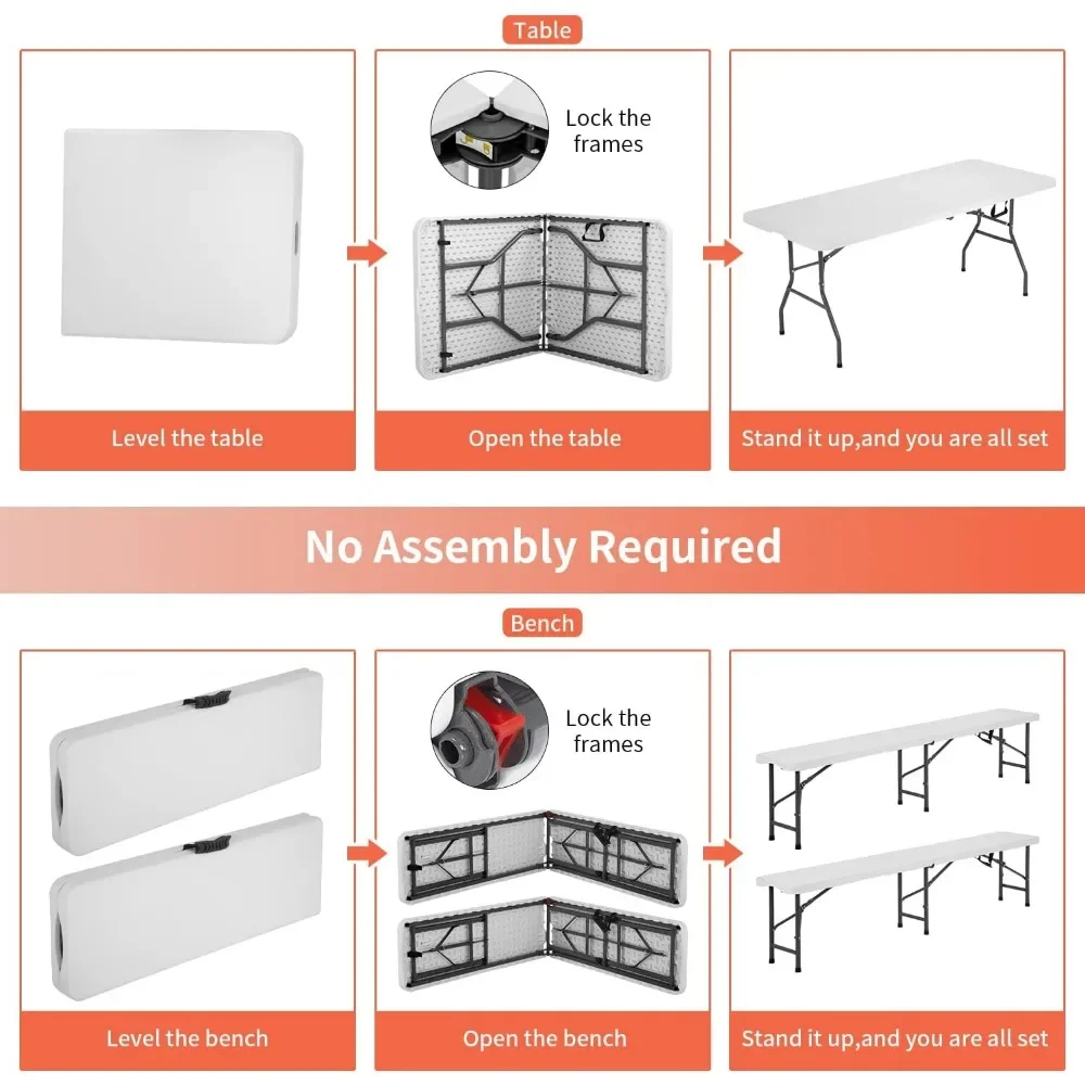 3-Piece Picnic Table Bench Set 6FT Camping, Folding Table Plastic Table with Two Benches Carrying Handles