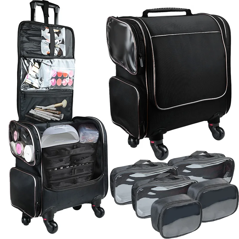 Professional Makeup Suitcase,Trolley Luggage Makeup Bag,Multi Functional Large Capacity Embroidery Nail Beauty Toolbox,