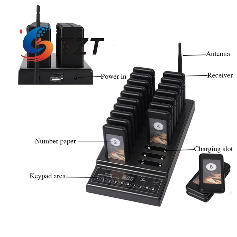 TZT SU-68Z 999-Channel Queuing Wireless Calling System Expandable Wireless Pager System with 20 Pagers