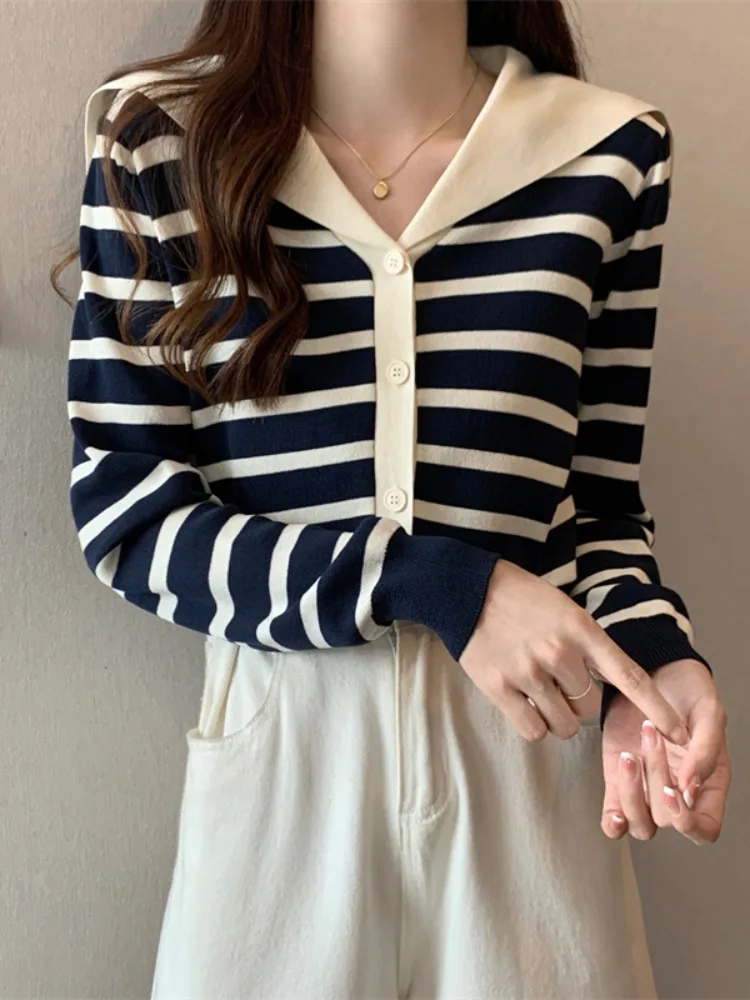 Plus size Women Autumn and Winter Korean Sle Sailor Collar Striped Knitted Cardigan sweater Outerwear Chubby Girl Slimming ...