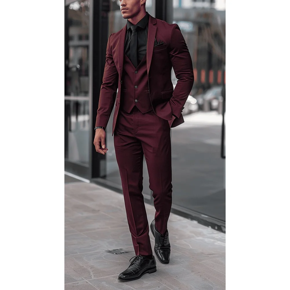 

Men Suits Burgundy Chic Single Breasted Notch Lapel Clothing 3 Piece Smart Casual Wedding Party Tuxedo (Blazer+Vest+Pants)