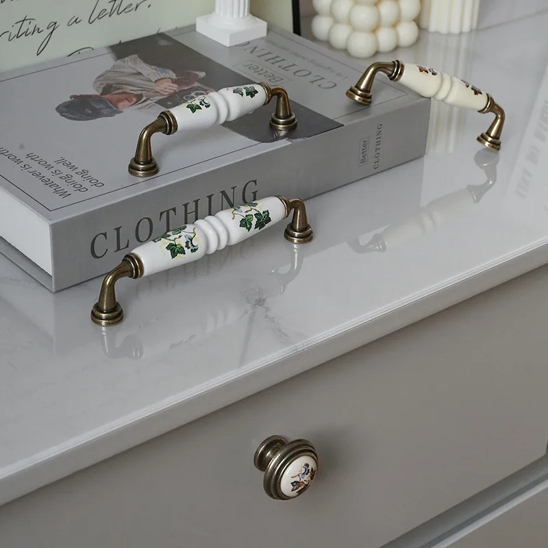 緑/赤葉キャビネット取手ドレッサーキッチン家具用プルノブ 1 個ヴィンテージ田舎セラミック引き出し食器棚ドアハンドル