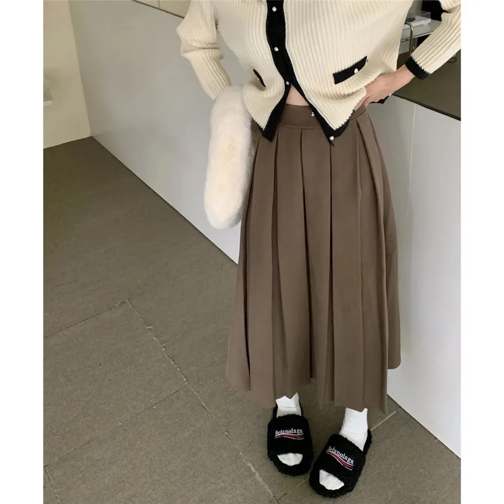 Students Long Pleated Skirt Women Brown Korea Fashion Autumn High Waist Black Midi Skirt Preppy Elegant A Line Girls Skirts Gray