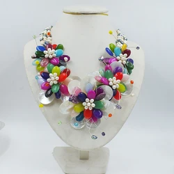 Amazing/classic. Natural pearls/deep sea shells/semi-precious stones. Hand Woven Women Wedding Flower Necklace 20”