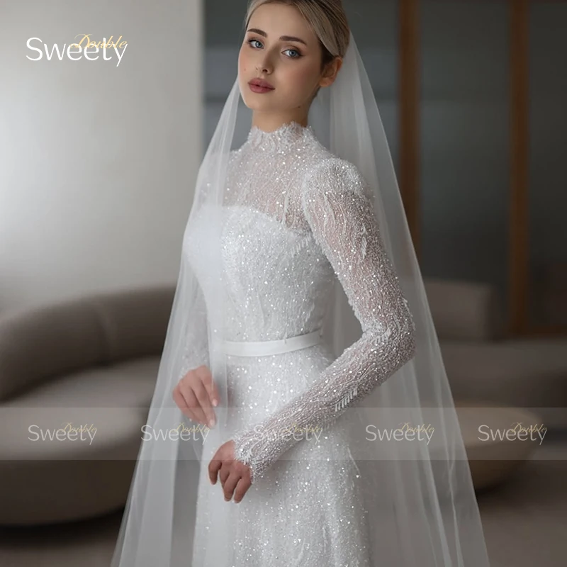 

Luxurious Wedding Dress All Embroidered Beading Ball Gown A-Line Full Sleeve High-Neck Customized Bride Dress Vestido De Novia ﻿