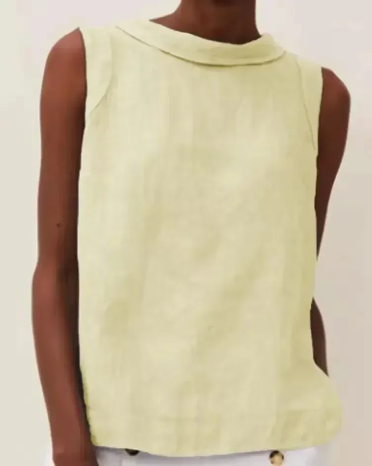 봄 코튼 린넨 여성 탑 화이트 민소매 오목 캐주얼 블라우스 여성 유행 패션 오피스 탑 숙녀