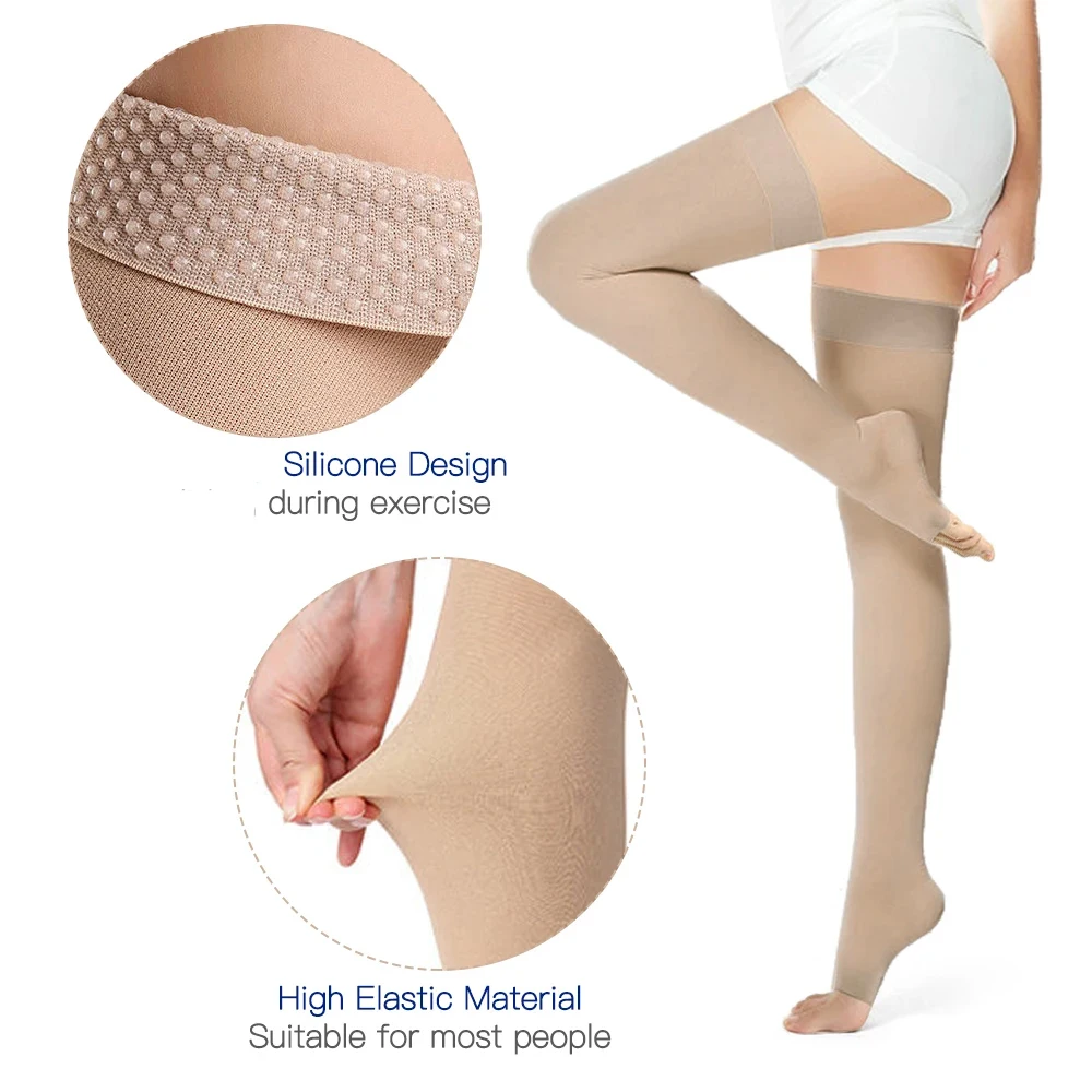 1Pair Thigh High Compression Stockings with Silicone Band,20-30mmHg Footless Support Sleeves,Compression Hoses for Varicos Veins