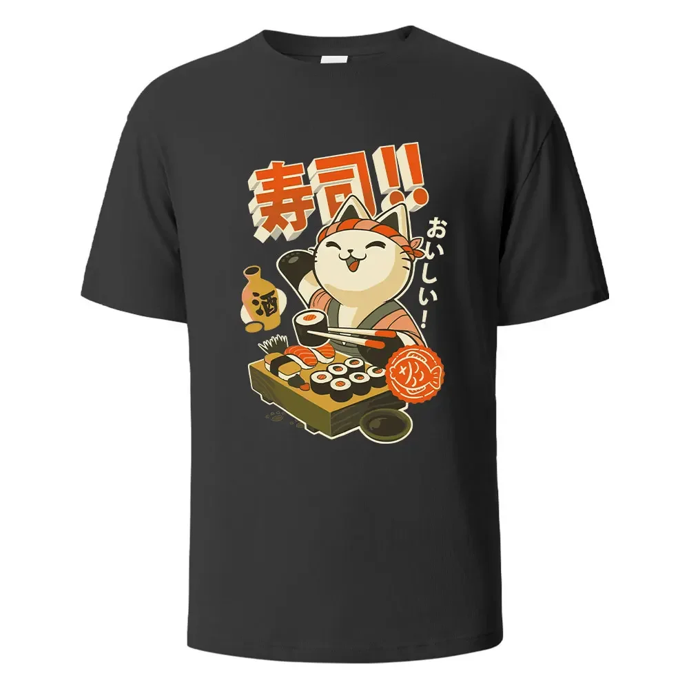 

Sushi Cat Printed T-shirt Cotton Cartoon Cute Casual High Quality Printed Street Fashion Short Sleeved Men's and Women's Loose