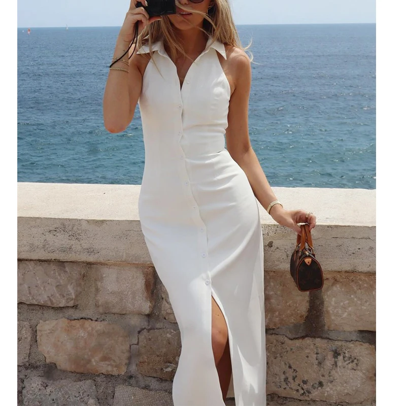 2025 New Arrival Women Summer Sleeveless Sexy Slim Long Dress High Waist Bodycon Dress White Black Two Color Vestidos Clothes